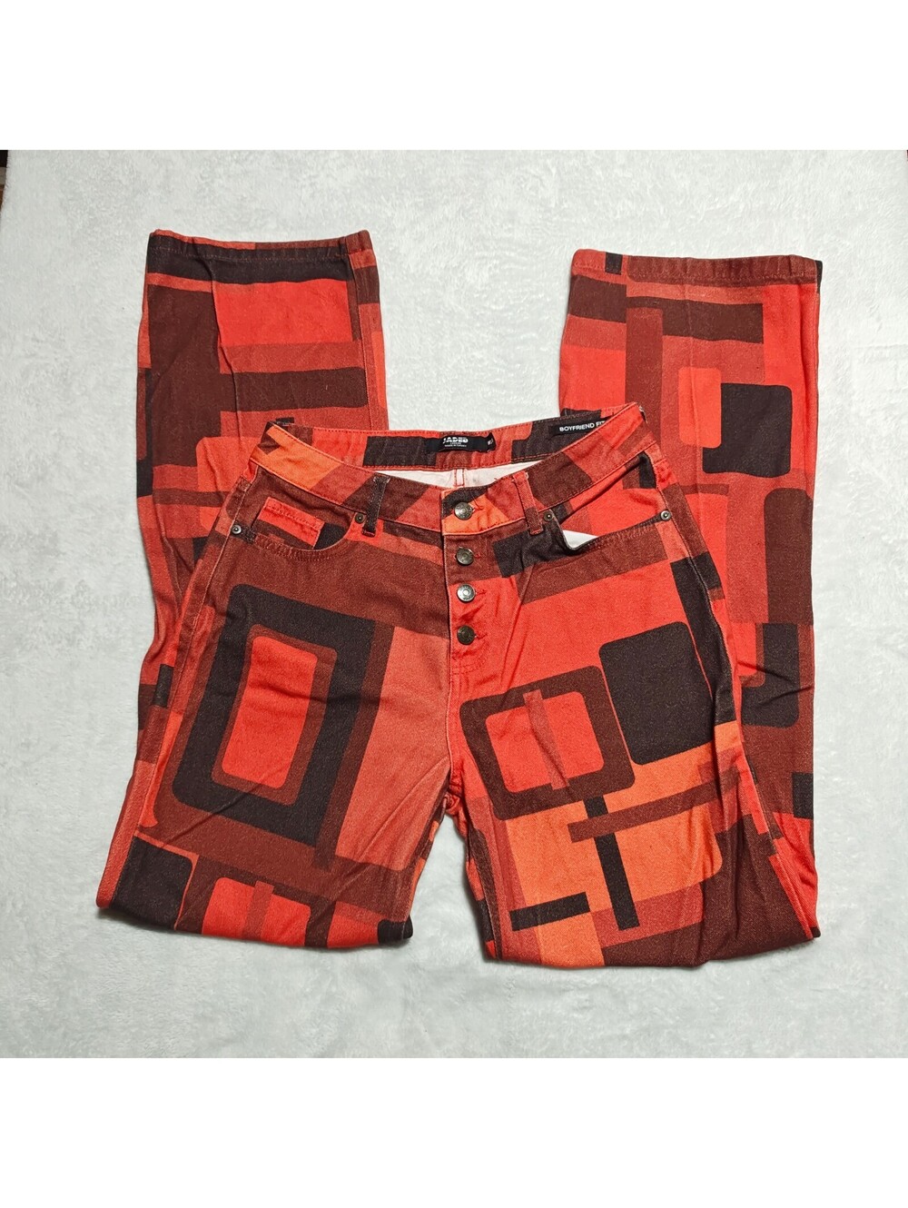 Jaded London boyfriend fit geometric maximalist jeans w button fly closure